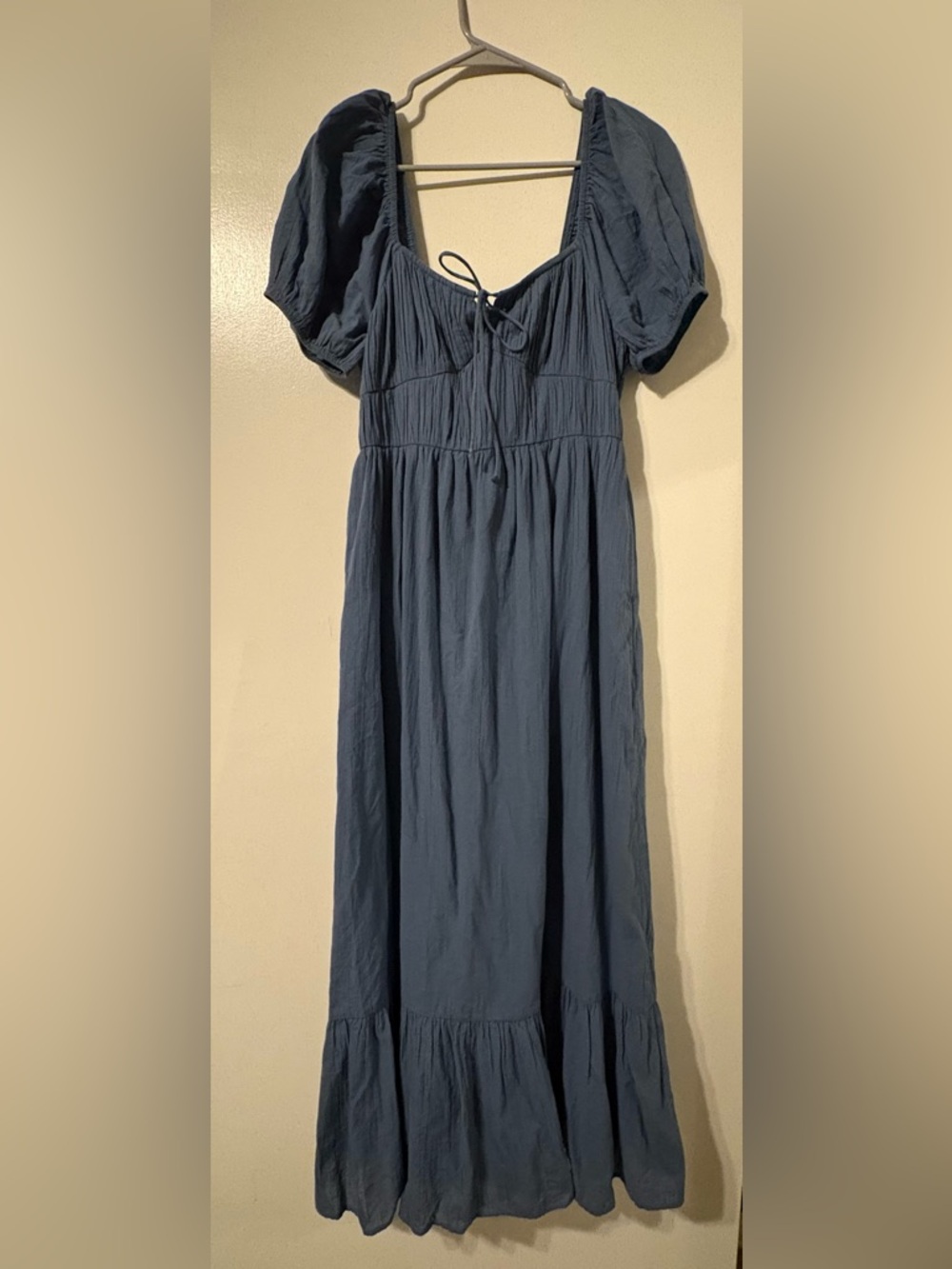 American Eagle Outfitters Navy Midi Dress with Puff Sleeves